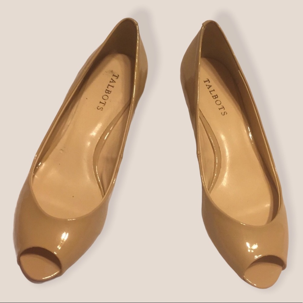 Talbots Nude Shoes Wedge Heels Cork Peeptoe Patent
